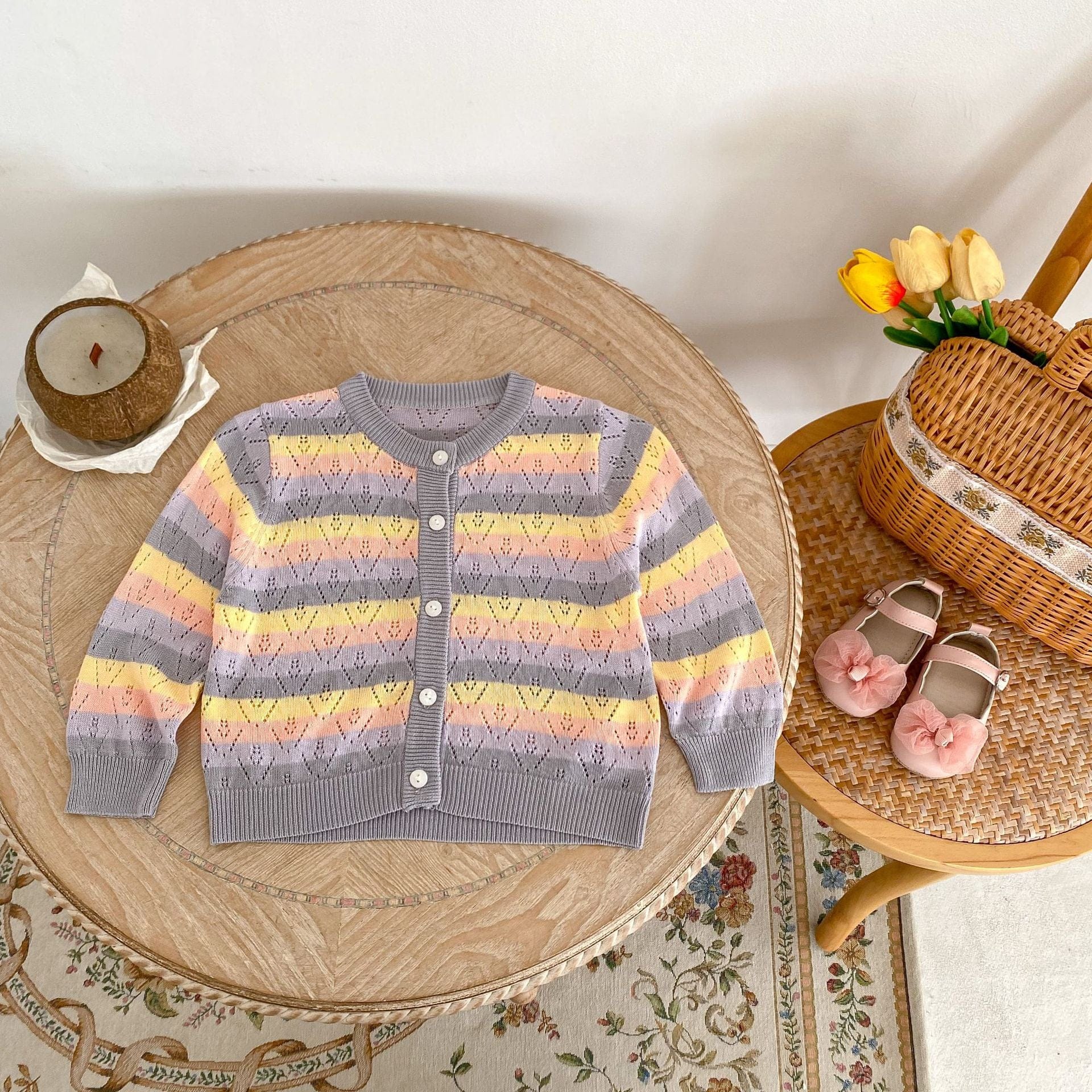 カーディガン・パーカー レインボーボーダーレースニットサマーカーディガン【mh0010171】