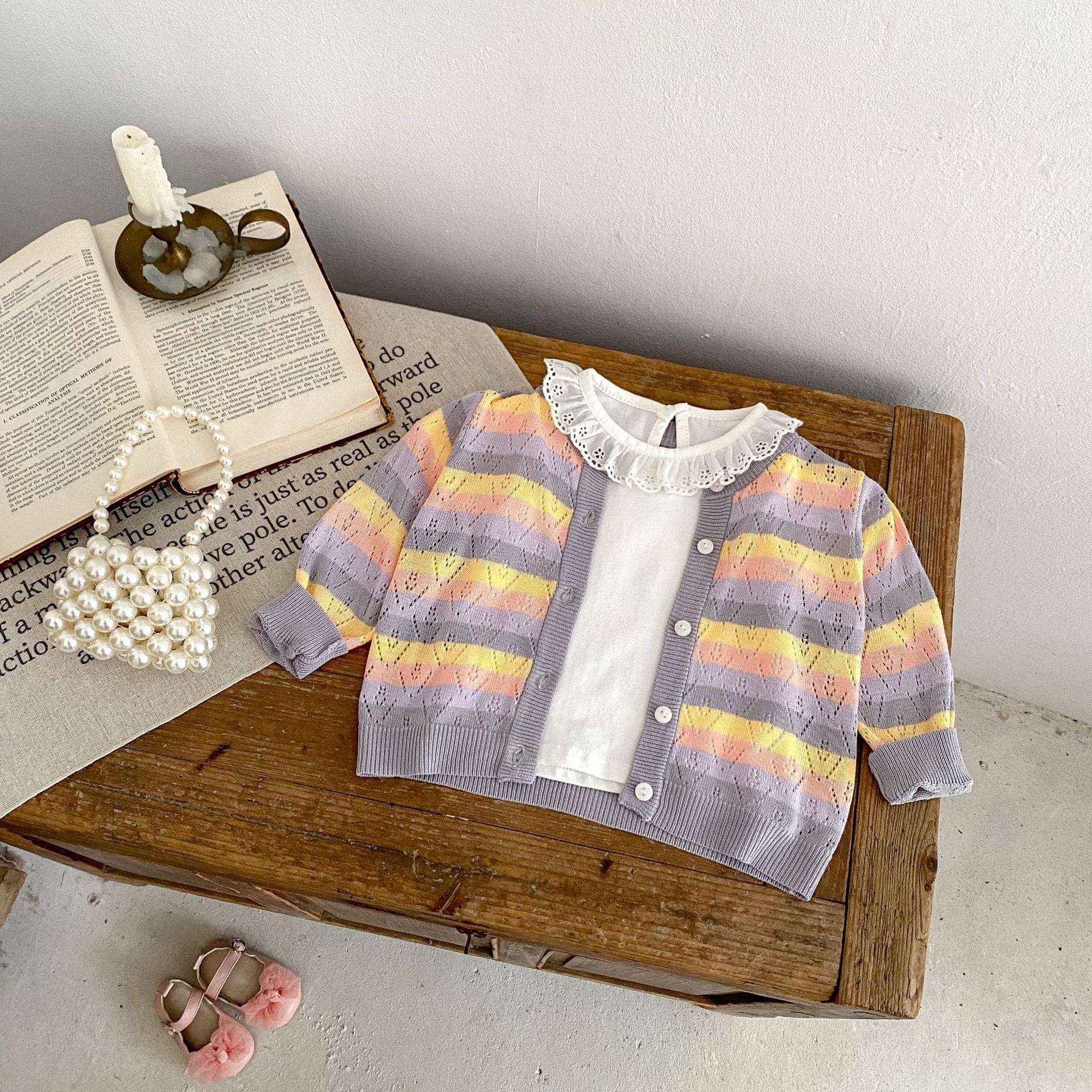 カーディガン・パーカー レインボーボーダーレースニットサマーカーディガン【mh0010171】