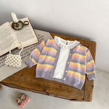 カーディガン・パーカー レインボーボーダーレースニットサマーカーディガン【mh0010171】