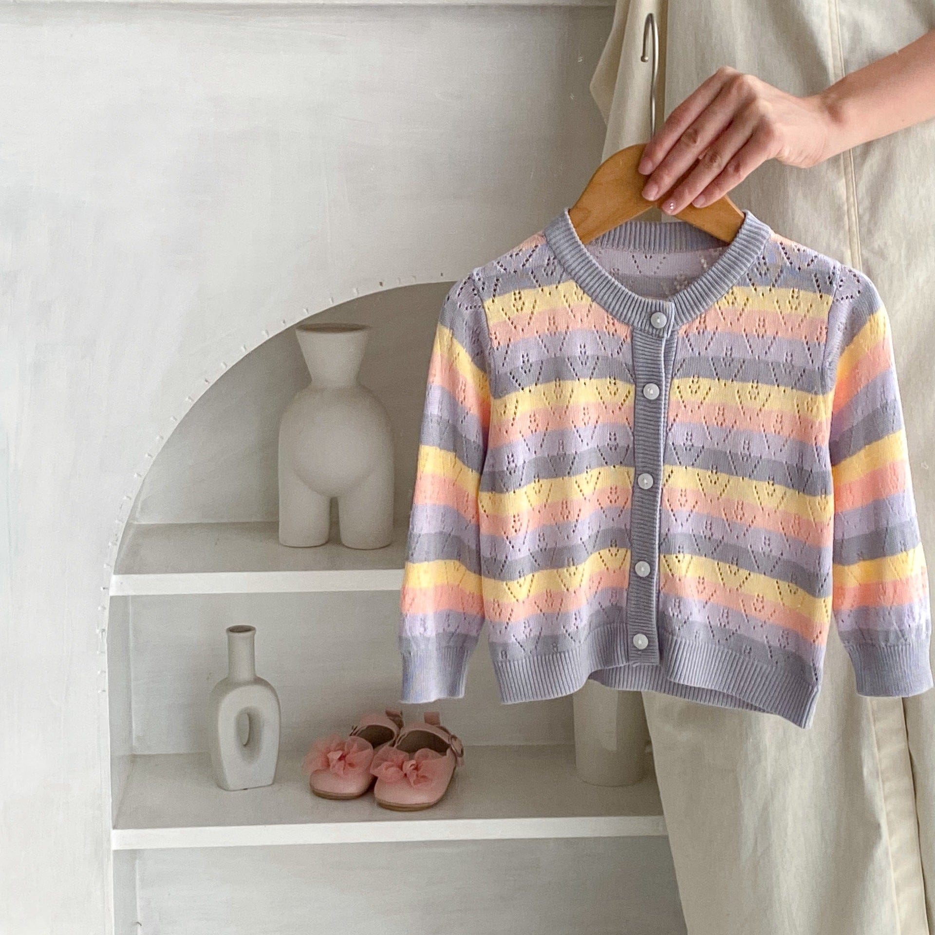 カーディガン・パーカー レインボーボーダーレースニットサマーカーディガン【mh0010171】