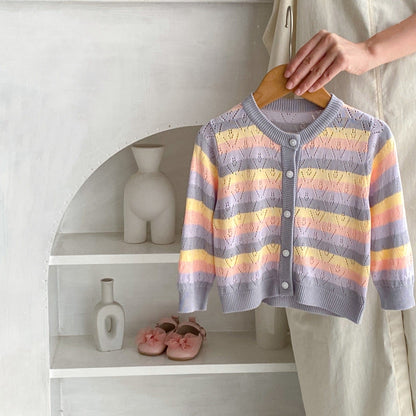 カーディガン・パーカー レインボーボーダーレースニットサマーカーディガン【mh0010171】