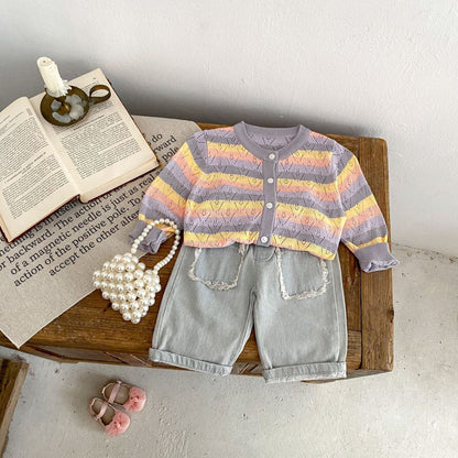 カーディガン・パーカー レインボーボーダーレースニットサマーカーディガン【mh0010171】