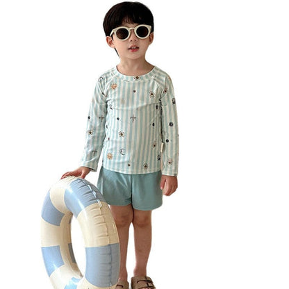 ベビー用水着 ボーイズ水着 ストライプ長袖トップス+ショートパンツスイムウェア【mh0010218】