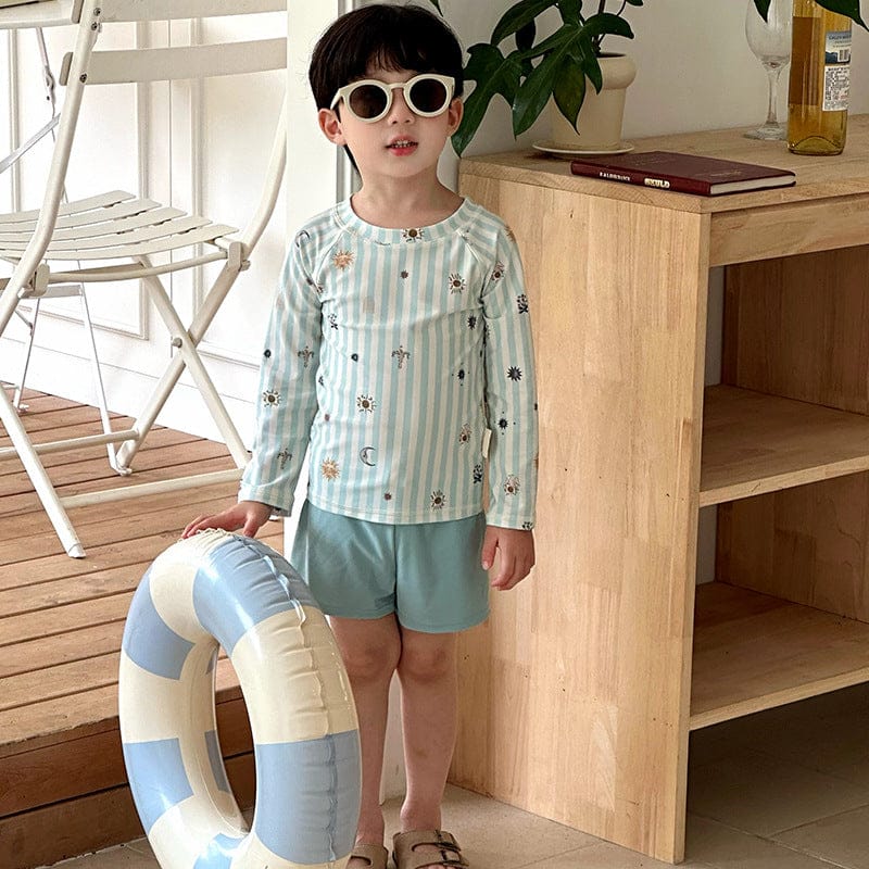 ベビー用水着 ボーイズ水着 ストライプ長袖トップス+ショートパンツスイムウェア【mh0010218】