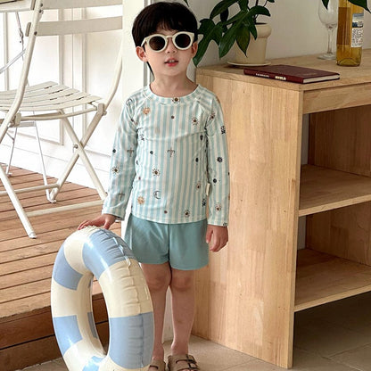 ベビー用水着 ボーイズ水着 ストライプ長袖トップス+ショートパンツスイムウェア【mh0010218】