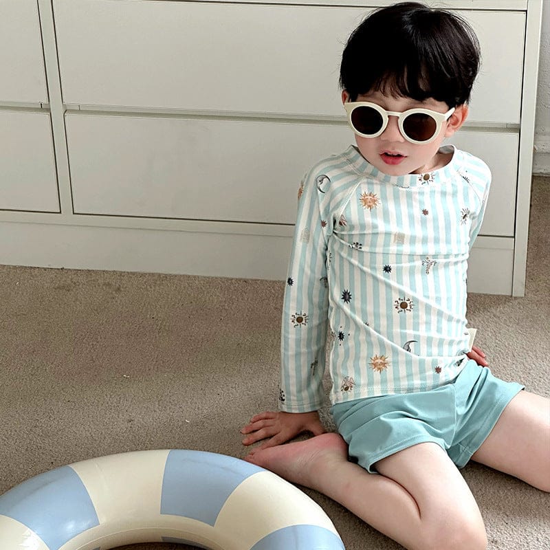 ベビー用水着 ボーイズ水着 ストライプ長袖トップス+ショートパンツスイムウェア【mh0010218】