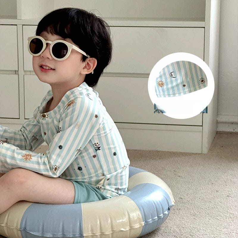 ベビー用水着 ボーイズ水着 ストライプ長袖トップス+ショートパンツスイムウェア【mh0010218】