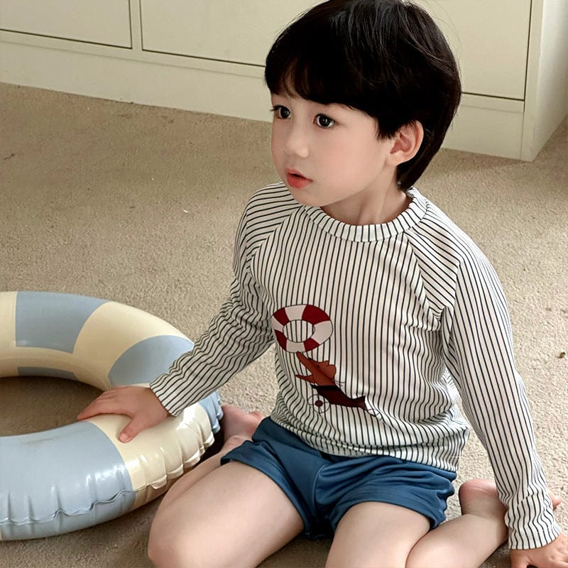 ベビー用水着 ボーイズ水着 ストライプ長袖トップス+ショートパンツスイムウェア【mh0010219】