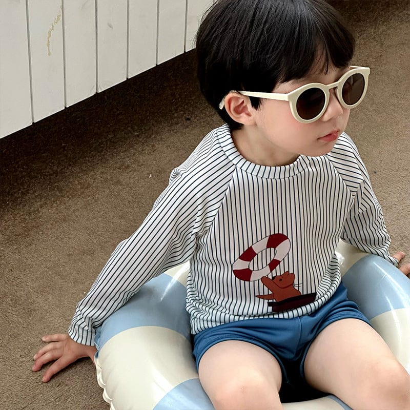 ベビー用水着 ボーイズ水着 ストライプ長袖トップス+ショートパンツスイムウェア【mh0010219】