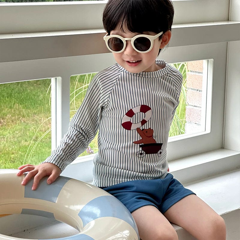 ベビー用水着 ボーイズ水着 ストライプ長袖トップス+ショートパンツスイムウェア【mh0010219】