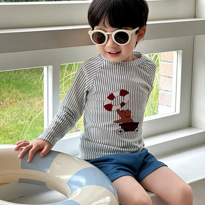 ベビー用水着 ボーイズ水着 ストライプ長袖トップス+ショートパンツスイムウェア【mh0010219】
