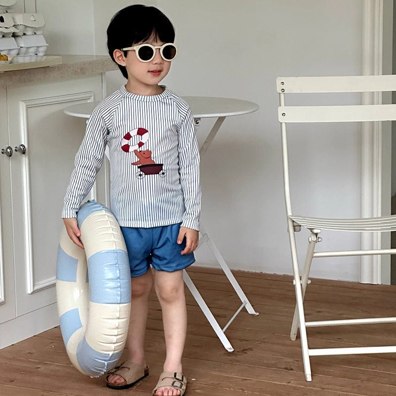ベビー用水着 ボーイズ水着 ストライプ長袖トップス+ショートパンツスイムウェア【mh0010219】