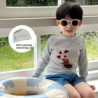 ベビー用水着 ボーイズ水着 ストライプ長袖トップス+ショートパンツスイムウェア【mh0010219】