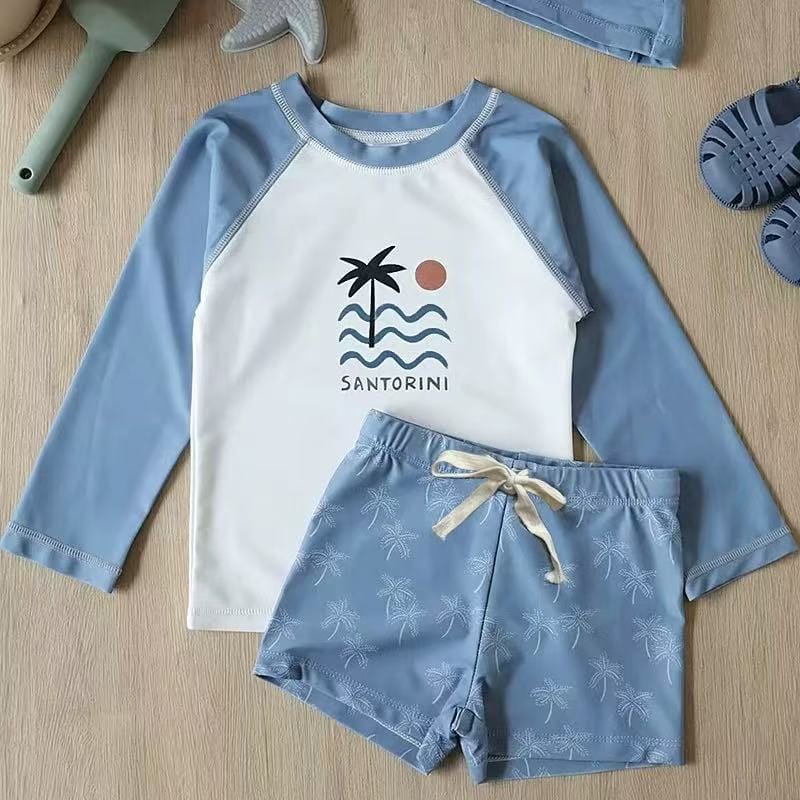 ベビー用水着 ボーイズ水着 プリント長袖トップス+ショートパンツスイムウェア【mh0010220】