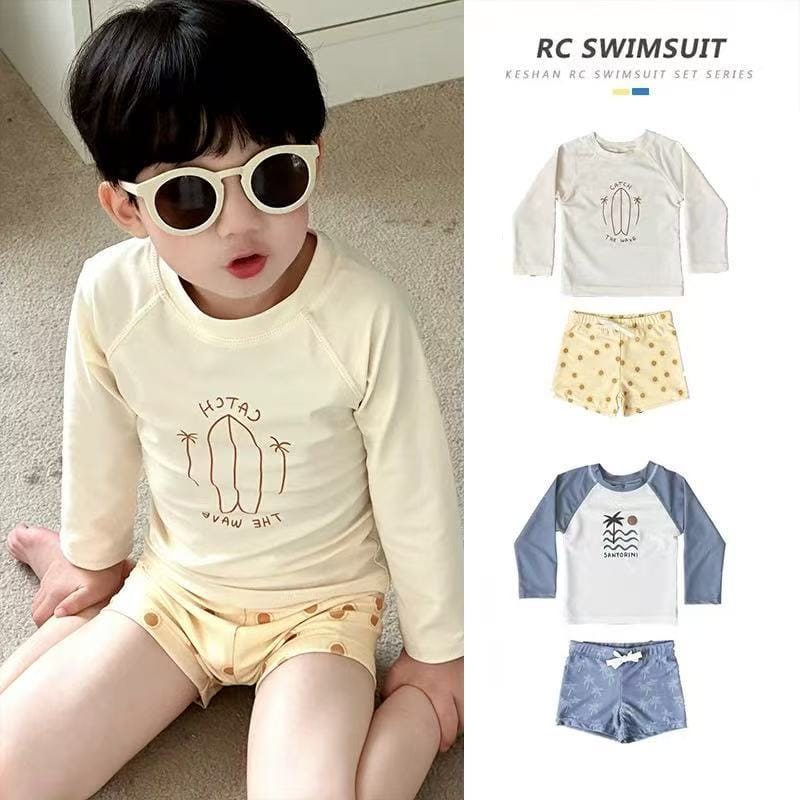 ベビー用水着 ボーイズ水着 プリント長袖トップス+ショートパンツスイムウェア【mh0010220】