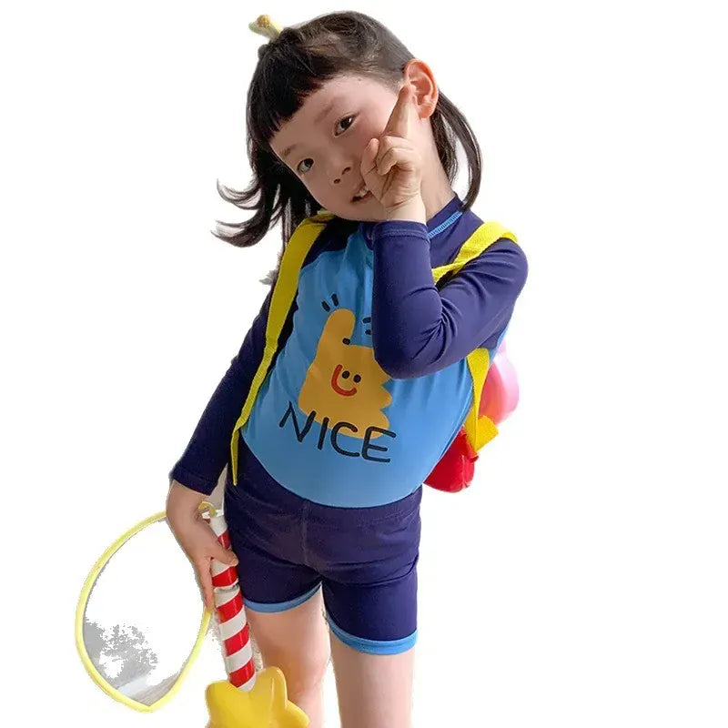 ベビー用水着 ユニセックス水着 プリント長袖トップス+ショートパンツスイムウェア【mh0010224】