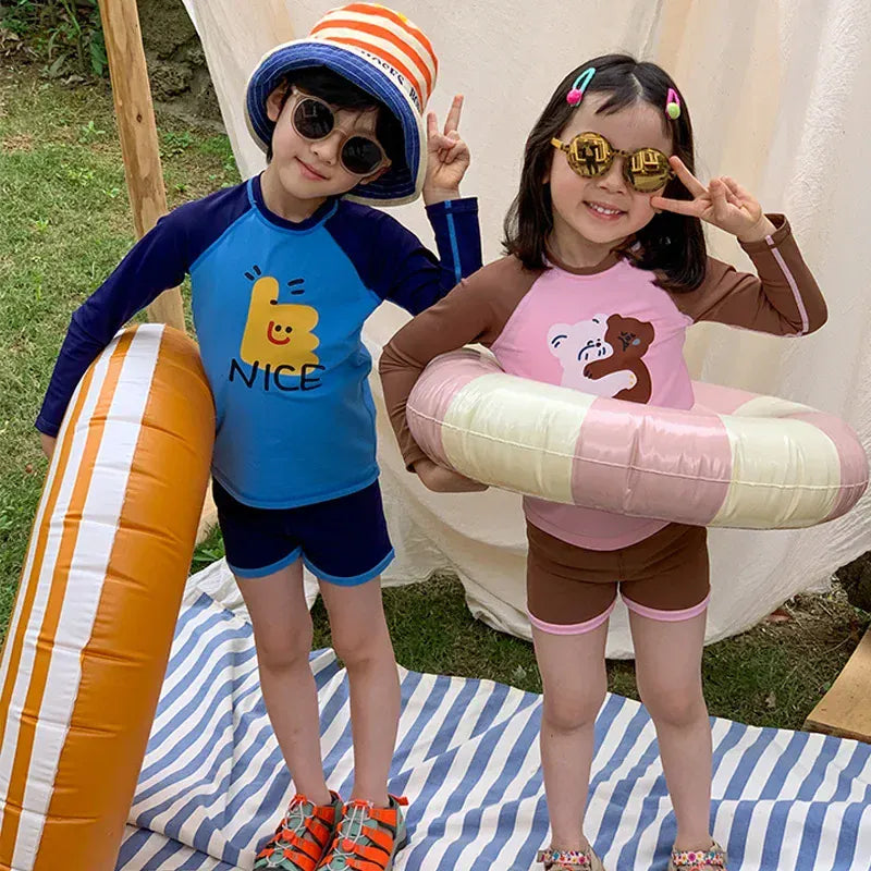 ベビー用水着 ユニセックス水着 プリント長袖トップス+ショートパンツスイムウェア【mh0010224】