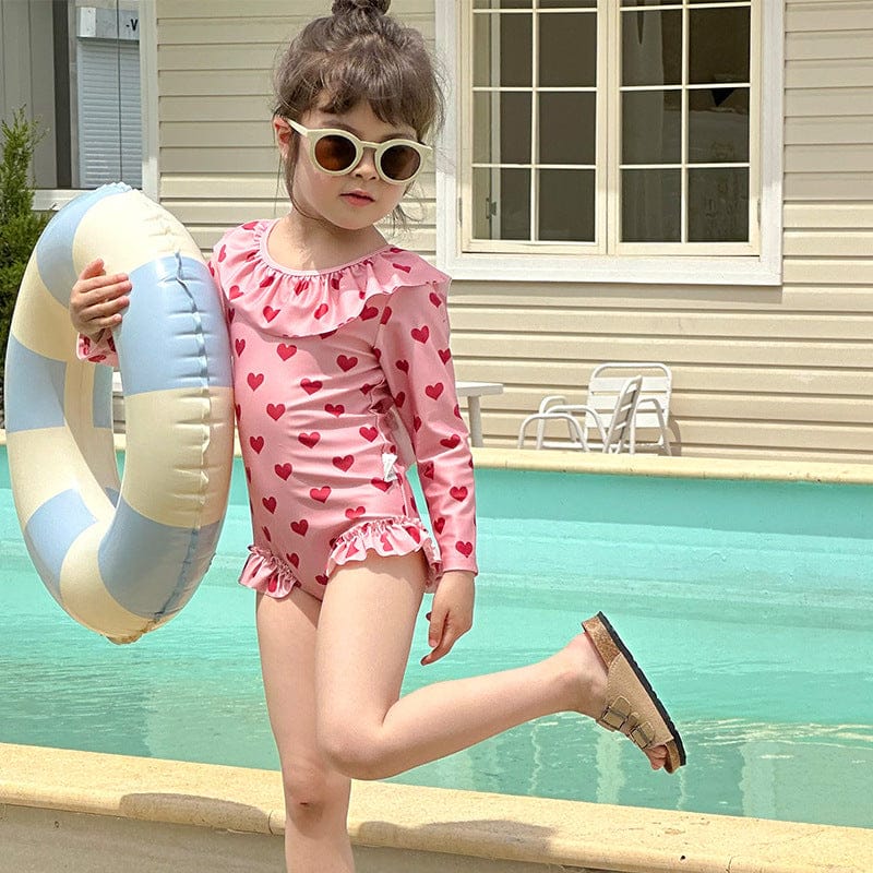 ベビー用水着 ガールズ水着 長袖ハートプリントワンピーススイムウェア【mh0010227】