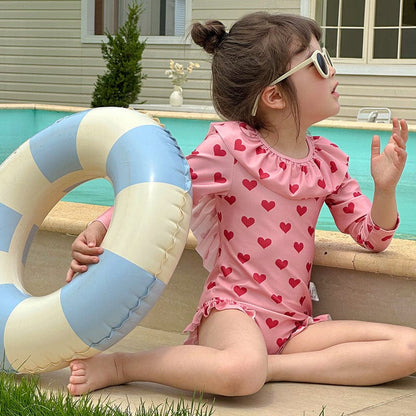ベビー用水着 ガールズ水着 長袖ハートプリントワンピーススイムウェア【mh0010227】