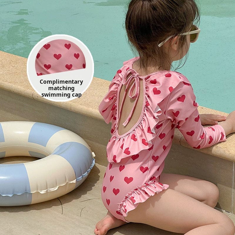 ベビー用水着 ガールズ水着 長袖ハートプリントワンピーススイムウェア【mh0010227】