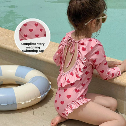 ベビー用水着 ガールズ水着 長袖ハートプリントワンピーススイムウェア【mh0010227】