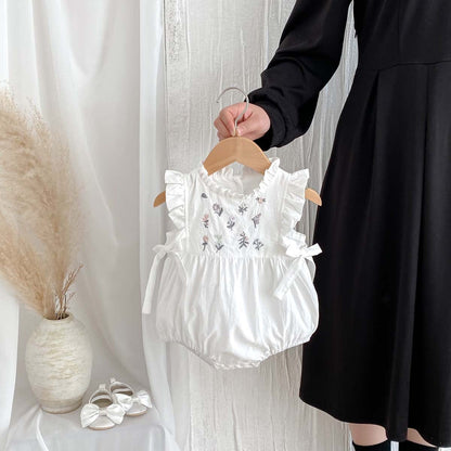 ノースリーブロンパース フラワー刺繍フリルノースリーブロンパース【mh0010302】