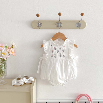 ノースリーブロンパース フラワー刺繍フリルノースリーブロンパース【mh0010302】