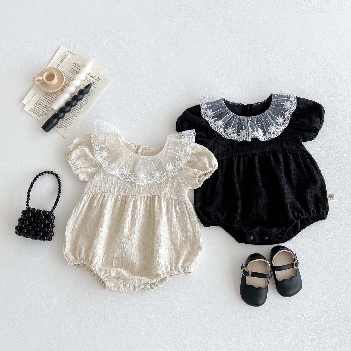 半袖ロンパース ラッフルレース襟半袖パフスリーブロンパース【mh0010304】