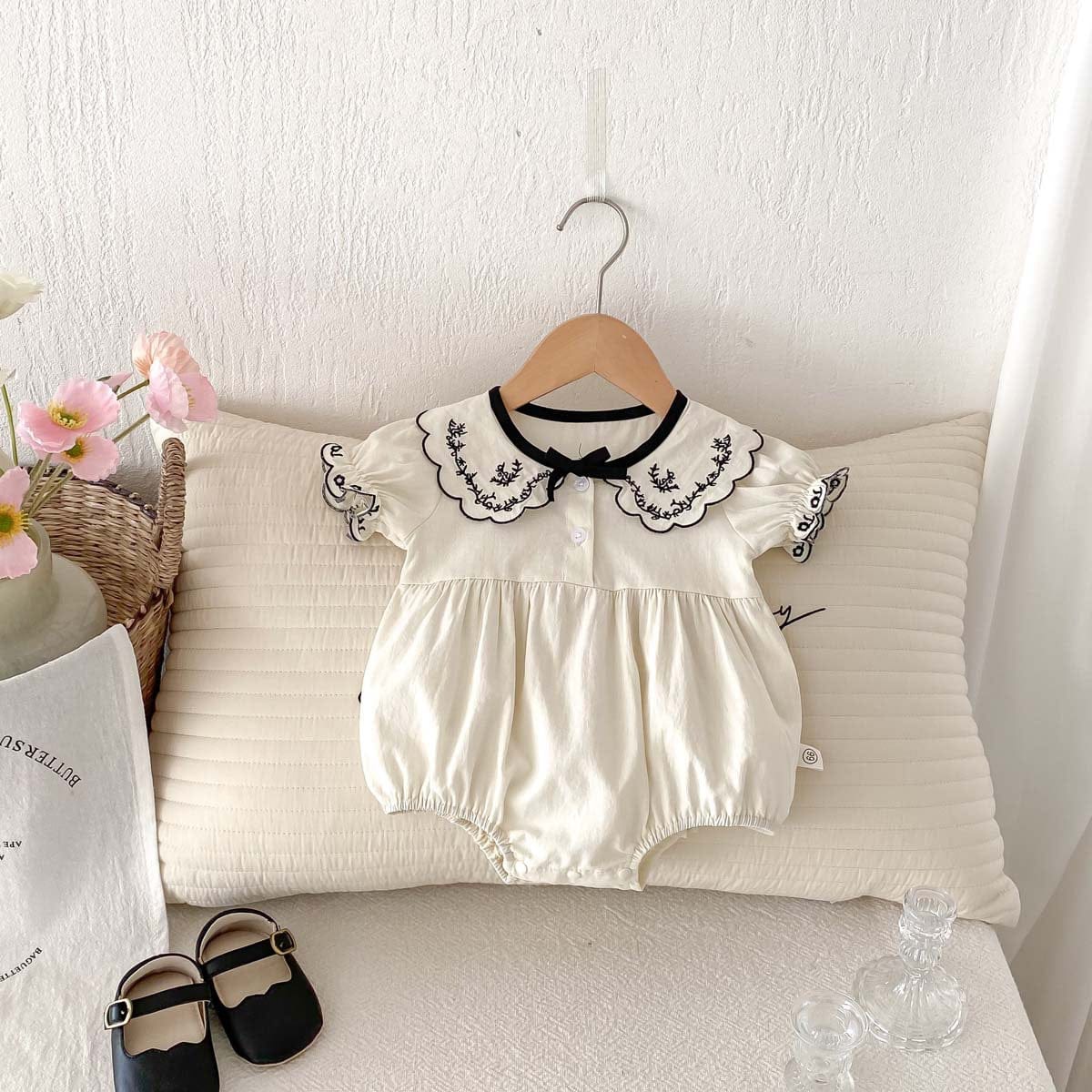 半袖ロンパース フラワー刺繍襟リボン半袖ロンパース【mh0010306】