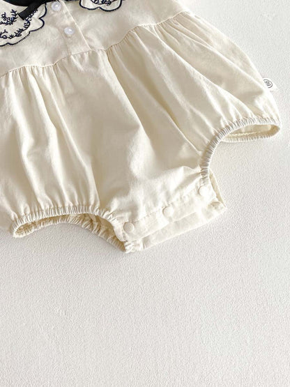 半袖ロンパース フラワー刺繍襟リボン半袖ロンパース【mh0010306】