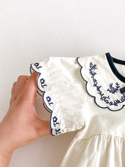 半袖ロンパース フラワー刺繍襟リボン半袖ロンパース【mh0010306】