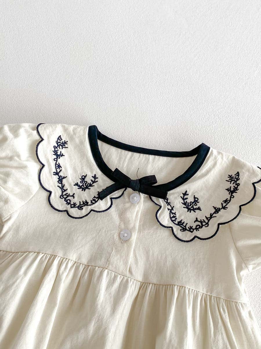 半袖ロンパース フラワー刺繍襟リボン半袖ロンパース【mh0010306】