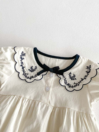 半袖ロンパース フラワー刺繍襟リボン半袖ロンパース【mh0010306】