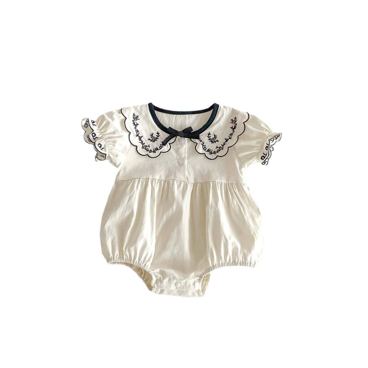 半袖ロンパース フラワー刺繍襟リボン半袖ロンパース【mh0010306】