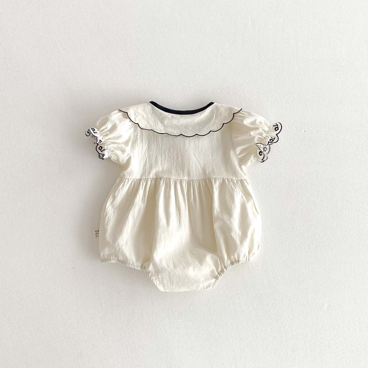 半袖ロンパース フラワー刺繍襟リボン半袖ロンパース【mh0010306】