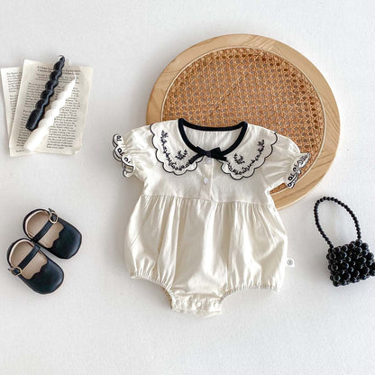 半袖ロンパース フラワー刺繍襟リボン半袖ロンパース【mh0010306】