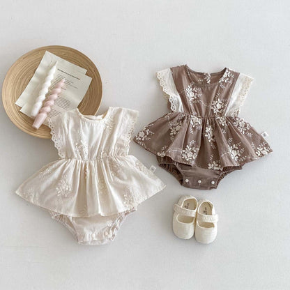 ノースリーブロンパース フラワーエンボス刺繍ノースリーブスカートロンパース【mh0010307】