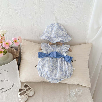 ノースリーブロンパース ビッグリボンフリル袖ロンパース+帽子セット【mh0010310】