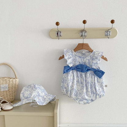 ノースリーブロンパース ビッグリボンフリル袖ロンパース+帽子セット【mh0010310】