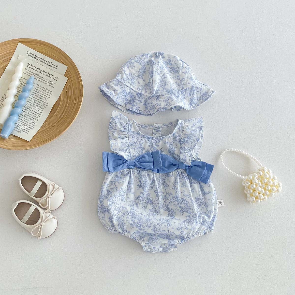 ノースリーブロンパース ビッグリボンフリル袖ロンパース+帽子セット【mh0010310】