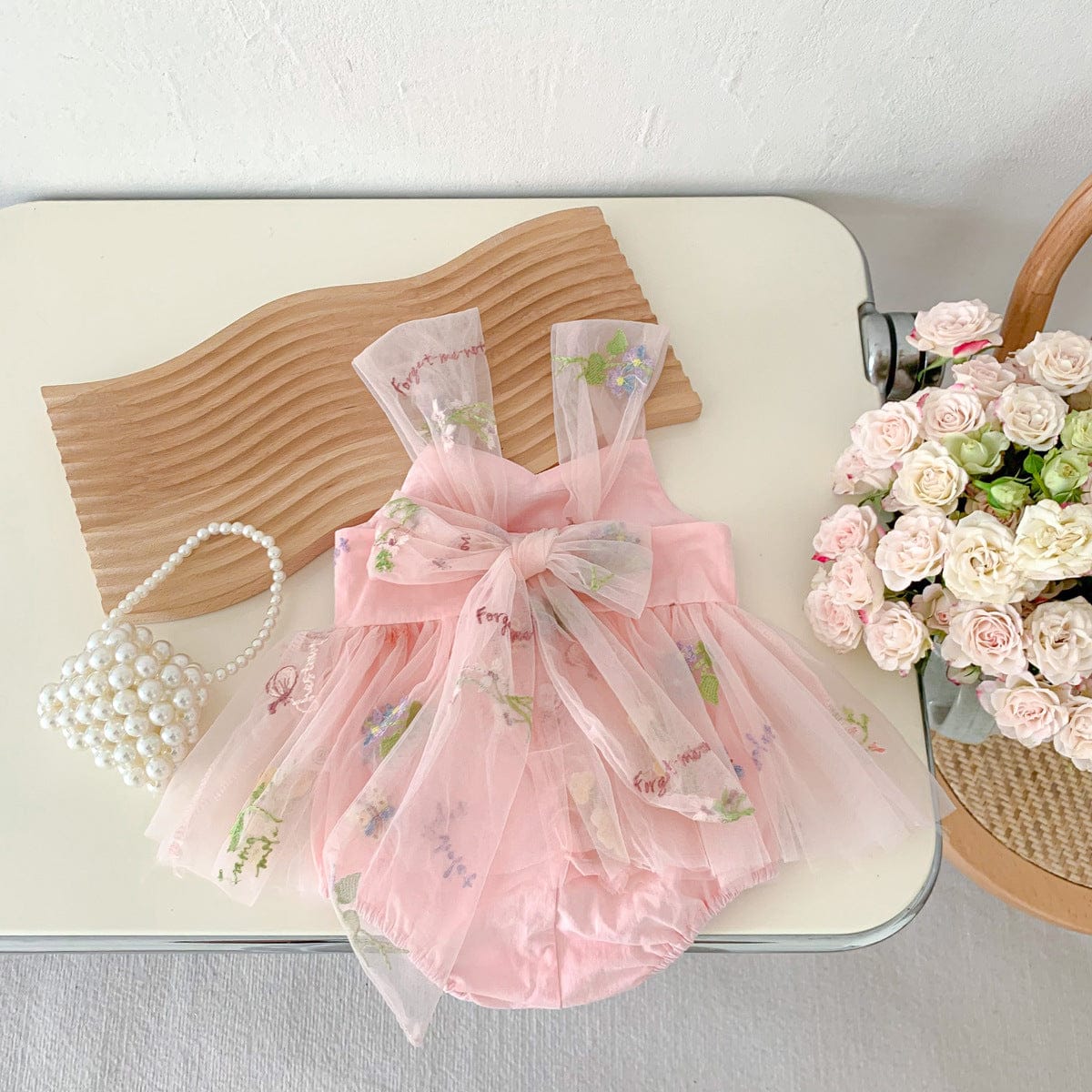 ノースリーブロンパース フラワー刺繍チュールスカートキャミソールロンパース【mh0010312】