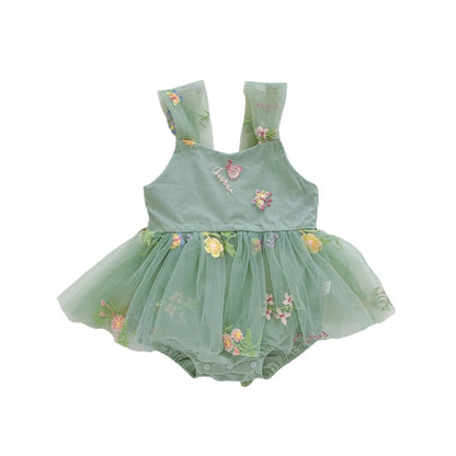 ノースリーブロンパース フラワー刺繍チュールスカートキャミソールロンパース【mh0010312】