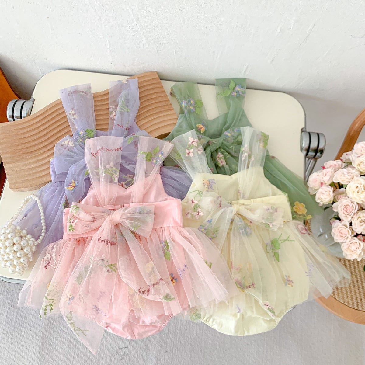 ノースリーブロンパース フラワー刺繍チュールスカートキャミソールロンパース【mh0010312】