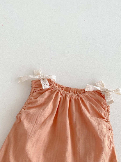 ノースリーブセットアップ リボンショルダーノースリーブブラウス+ブルマパンツ+ボンネットセット【mh0010315】