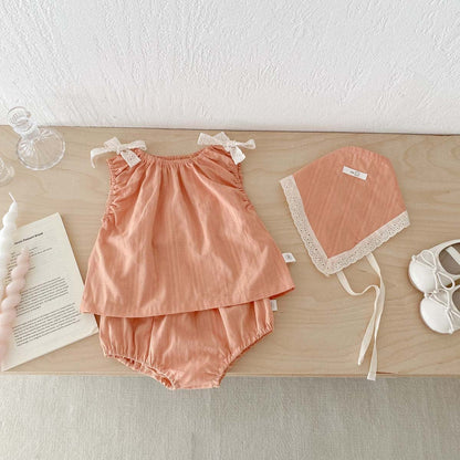 ノースリーブセットアップ リボンショルダーノースリーブブラウス+ブルマパンツ+ボンネットセット【mh0010315】