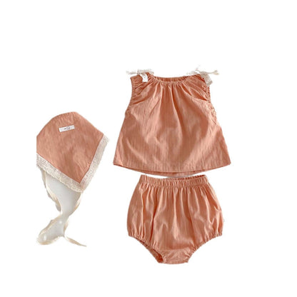 ノースリーブセットアップ リボンショルダーノースリーブブラウス+ブルマパンツ+ボンネットセット【mh0010315】