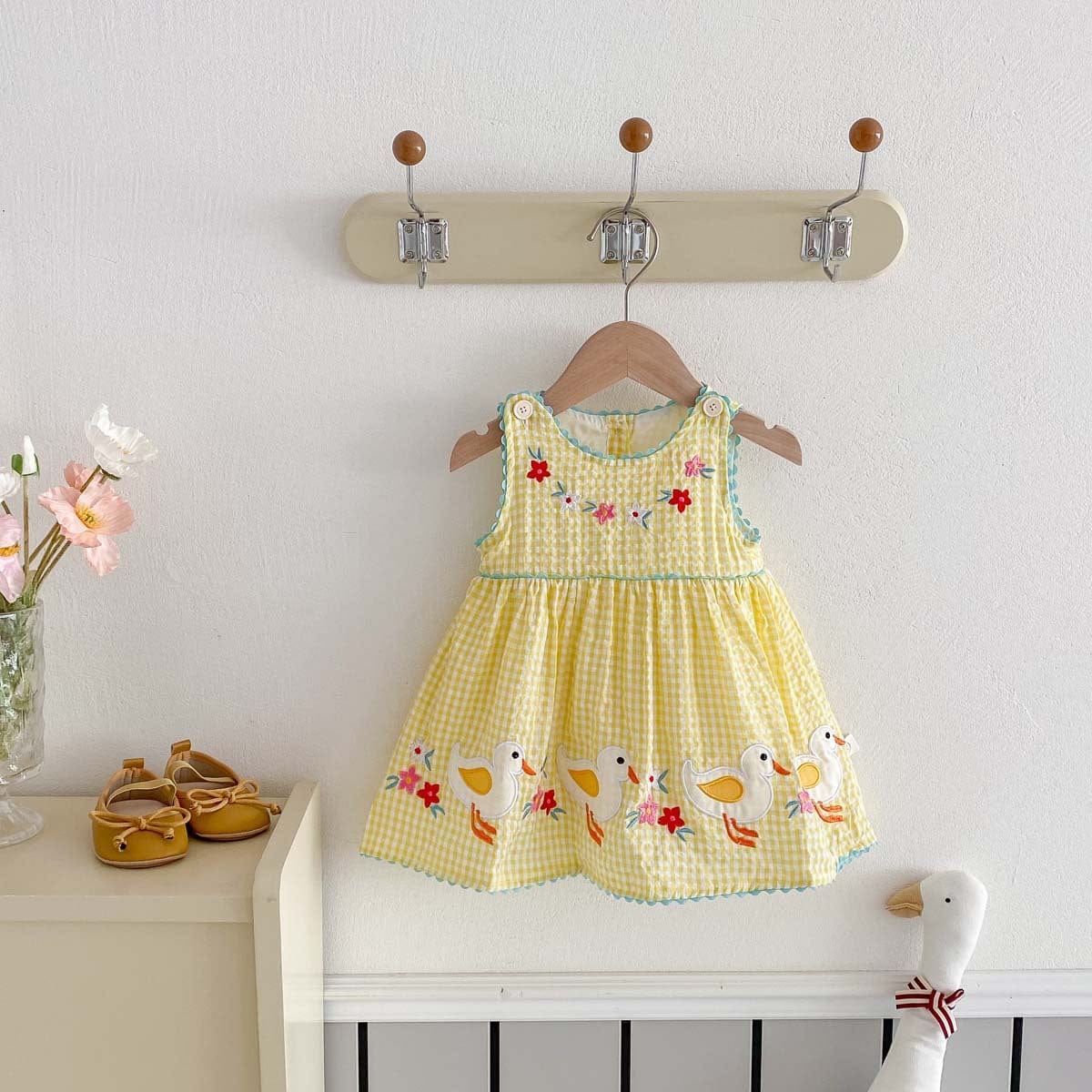 ノースリーブワンピース 鳥アップリケレトロチェックノースリーブワンピース【mh0010316】