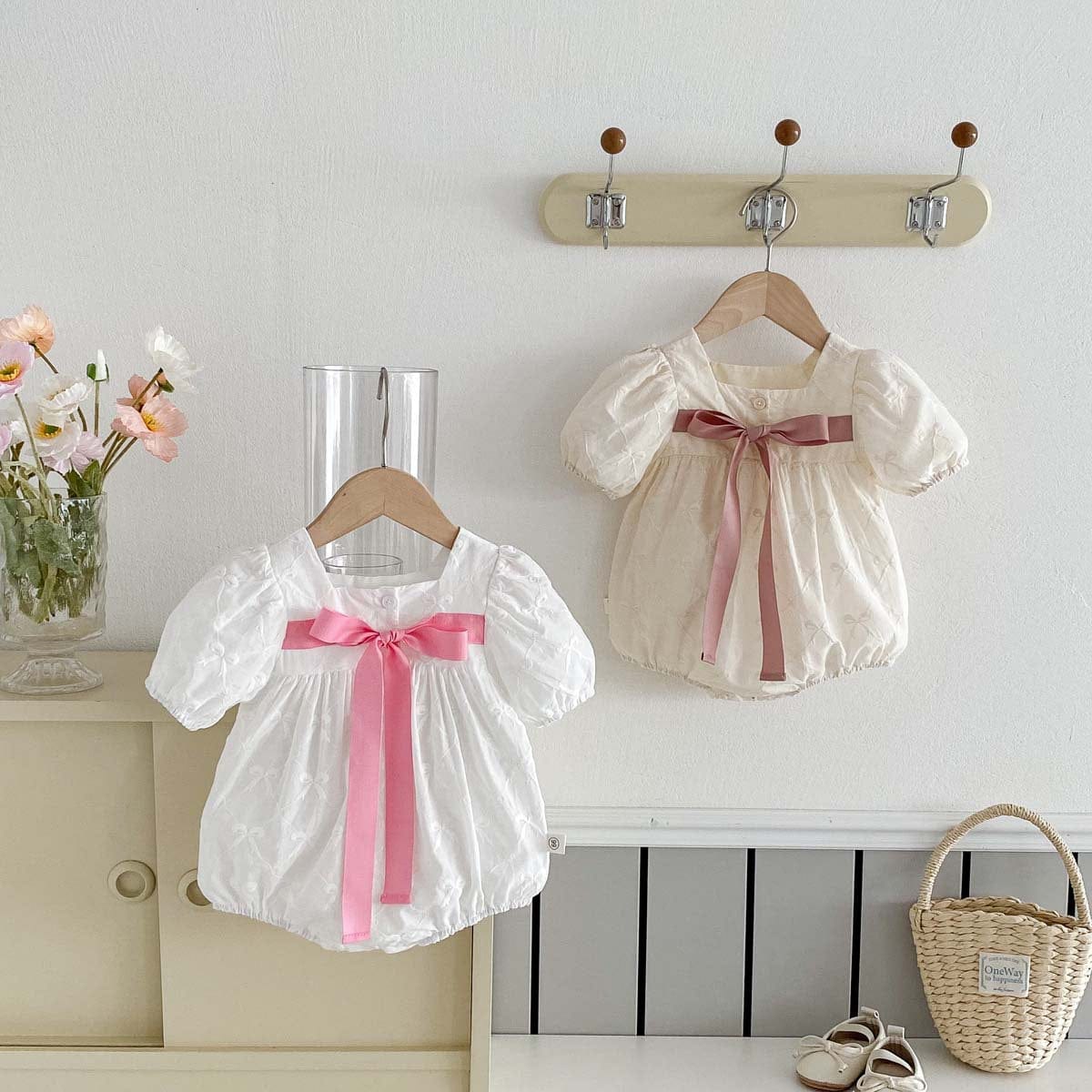 半袖ロンパース ビッグリボン半袖パフスリーブロンパース【mh0010320】