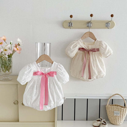 半袖ロンパース ビッグリボン半袖パフスリーブロンパース【mh0010320】