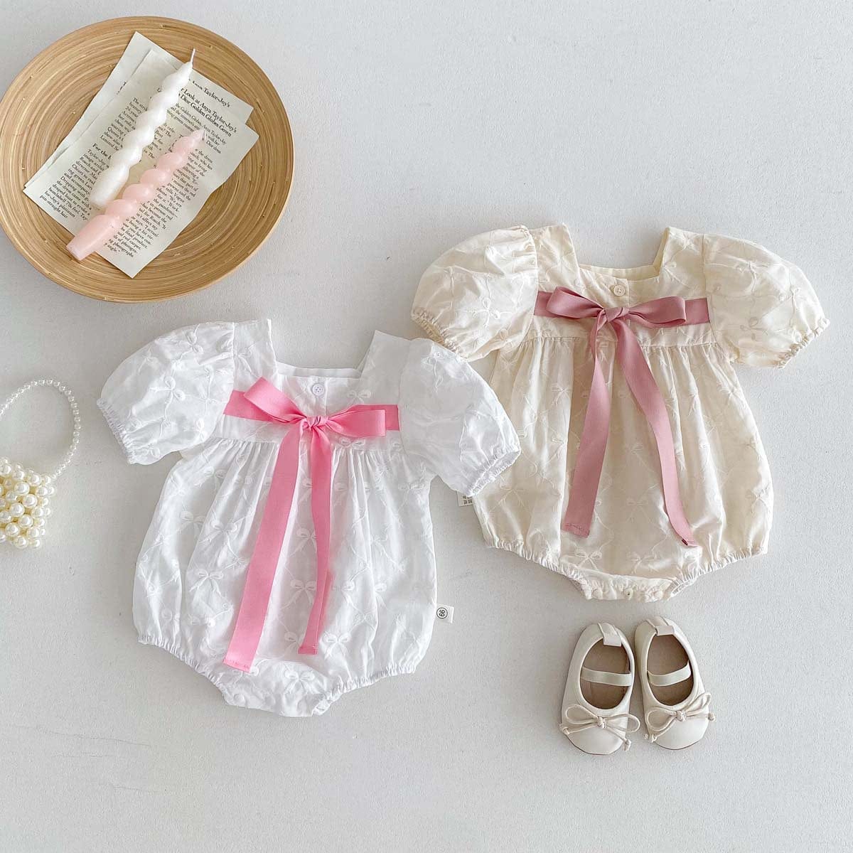 半袖ロンパース ビッグリボン半袖パフスリーブロンパース【mh0010320】